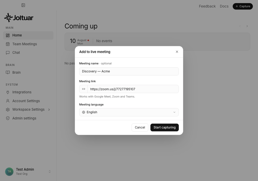 Start capturing a live meeting
