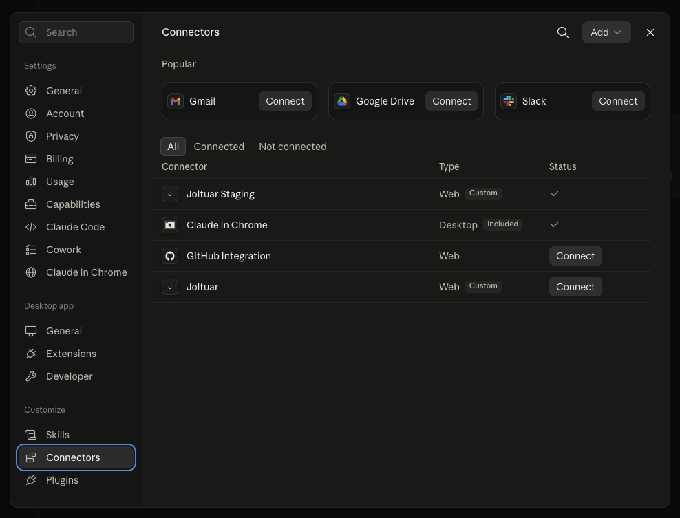 Claude settings — Connectors